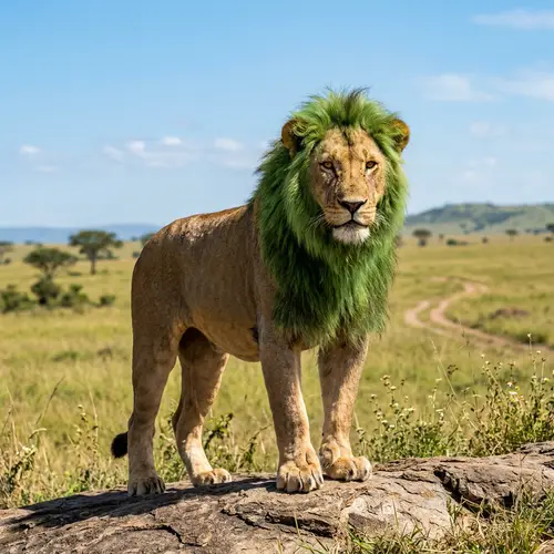Small Male Lion with Unique Green Mane