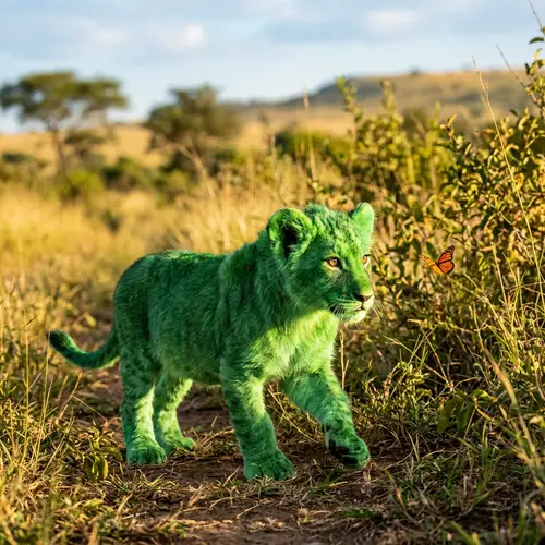 Baby Male Lion with Green Mane | Majestic and Unique