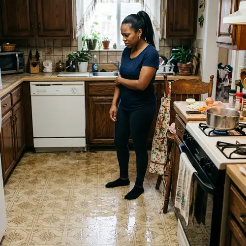 Woman Watches Water Leak in Kitchen | Home Disaster Scene