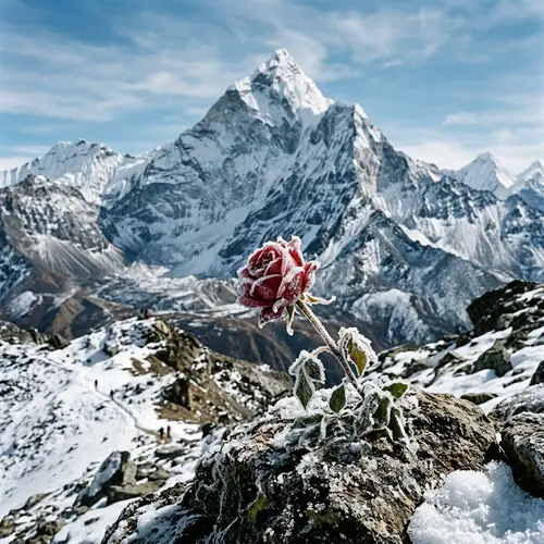 Frozen Rose on a Majestic Mountain