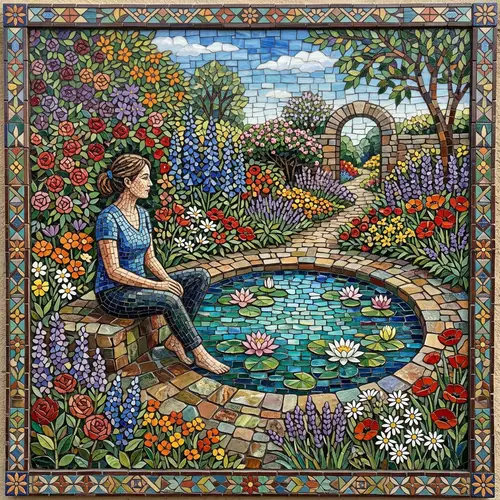 Mosaic Tile Art of a Serene Pond Scene