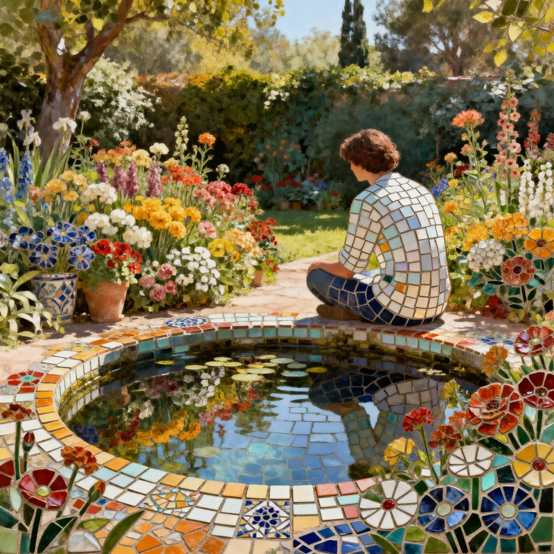 Mosaic Tile Art of a Serene Pond Scene