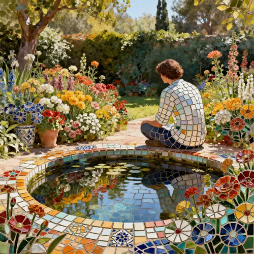 Mosaic Tile Art of a Serene Pond Scene