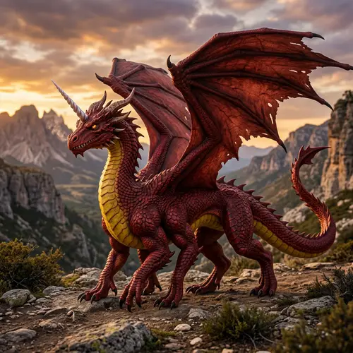 Unique Red Dragon with Unicorn Horns & Eight Legs