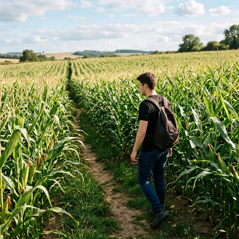 Man in Black Shirt Among Maize Plants