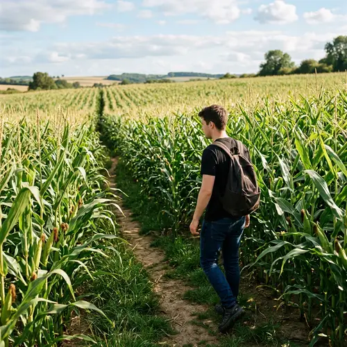 Man in Black Shirt Among Maize Plants