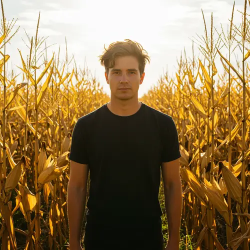Man in Black Shirt Among Maize Plants
