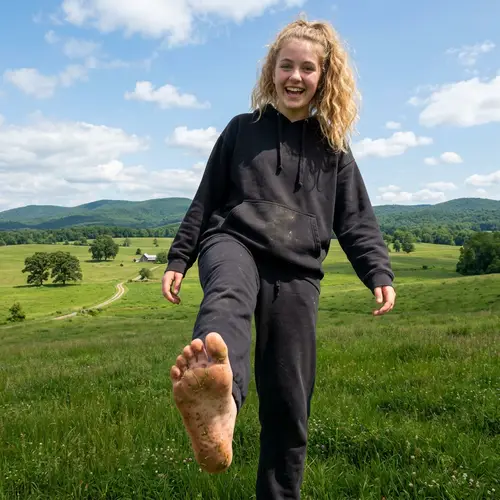 Giant Girl Playfully Stepping in a Lush Field