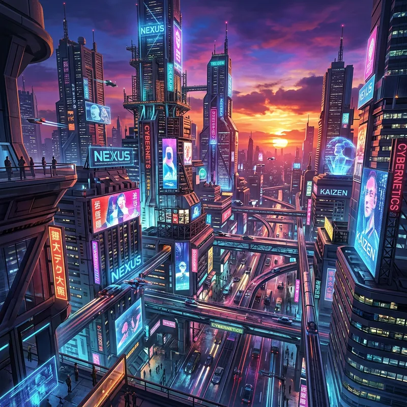 Vibrant Cyberpunk Cityscape at Sunset | Futuristic Neon Lights