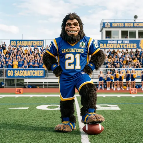Friendly Sasquatch High School Mascot with Number 21 Jersey
