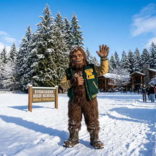 Friendly Sasquatch High School Mascot Cheers in Snowy Landscape