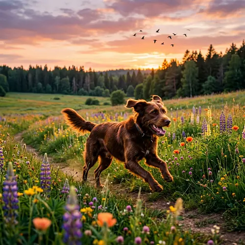 Joyous Brown Dog Running at Sunset Among Wildflowers