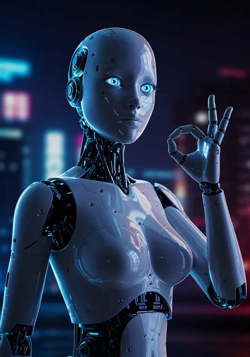 Futuristic Robot Girl Making OK Gesture