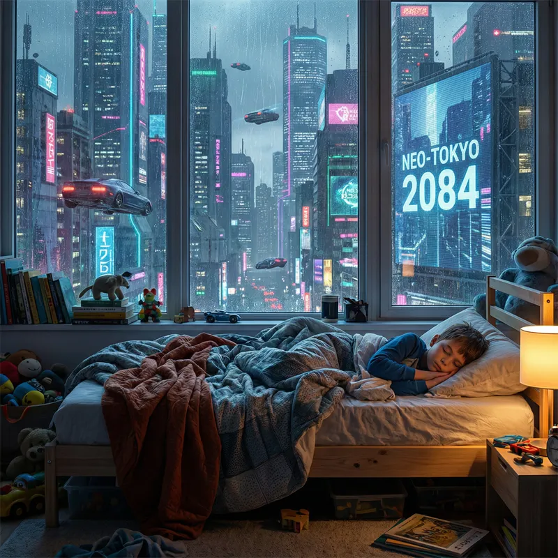 Boy Sleeping in Futuristic Cyberpunk Room