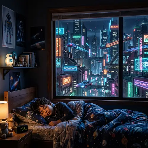 Hispanic Boy Sleeping in Cyberpunk Room