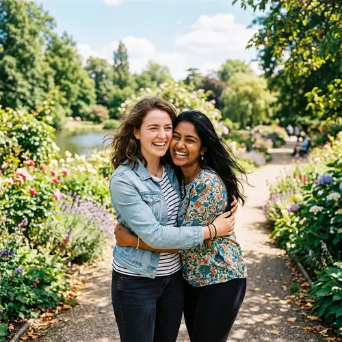 Diverse Girls Embracing in Park | Heartwarming Friendship Moment