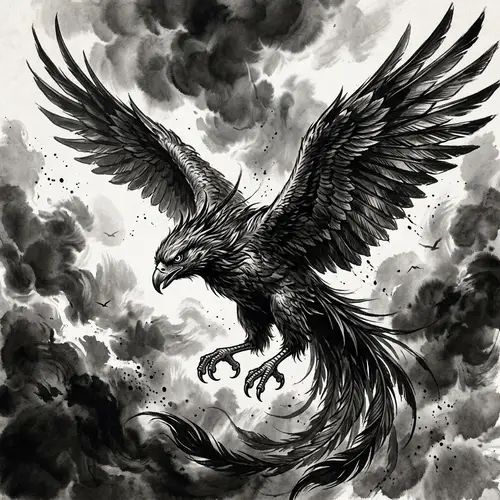 Majestic Semurg: Ink Wash Painting of Legendary Bird in Flight