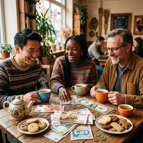Diverse Group with Currencies and Tea | Warmth and Camaraderie