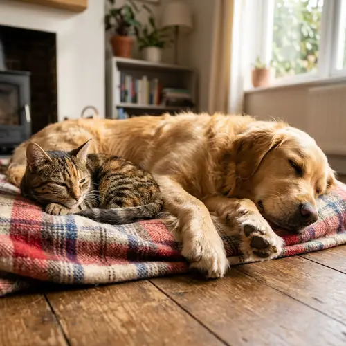 Contented Cat and Golden Retriever Enjoying Sunlit Nap Together