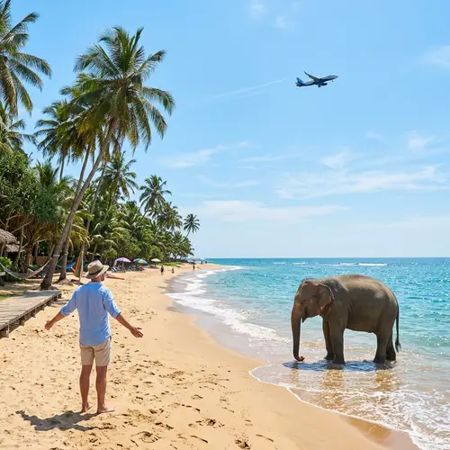 Serene Beach Scene with Palm Trees, Elephant, and Airplane