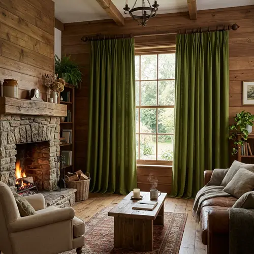 Olive Green Curtains in Rustic Living Room Decor