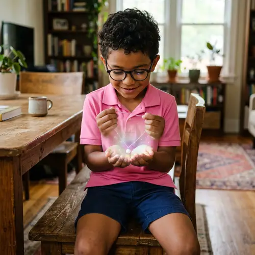 Young Hispanic Boy with Magical Pearl Necklace