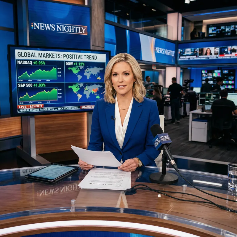Blonde News Anchor in Modern Studio