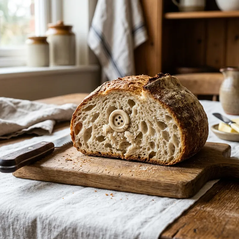 Button Found Inside Loaf | Rustic Kitchen Scene - Unearthing a Surprising Discovery