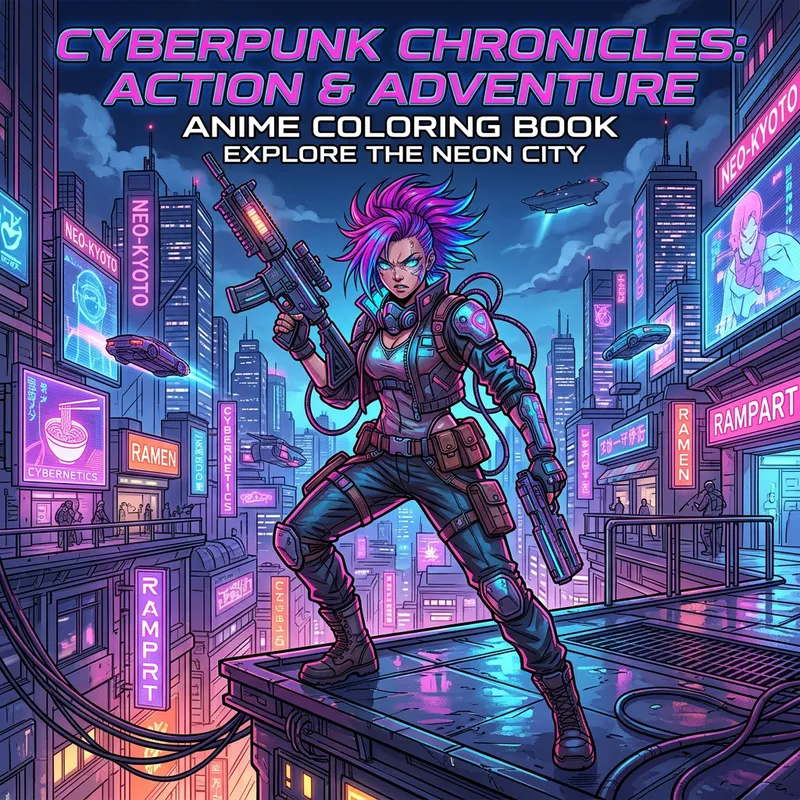 Cyberpunk Anime Coloring Book: Badass Girl in Futuristic Cityscape