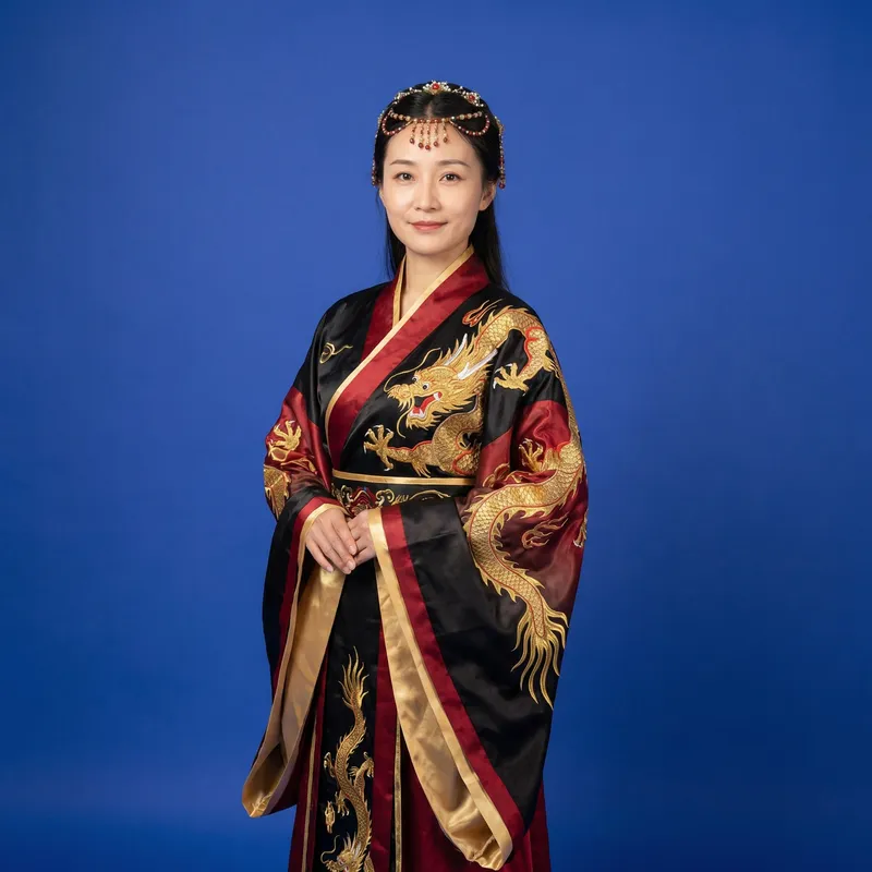 Elegant Chinese Woman in Black and Gold Attire | Smiling Gracefully