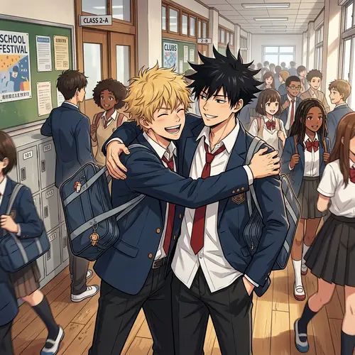 Blonde and Black-haired Anime Characters Embracing in School Setting