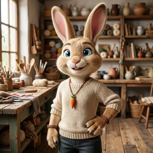 Imaginative Humanoid Bunny Character Design with Tan Fur and Blue Eyes