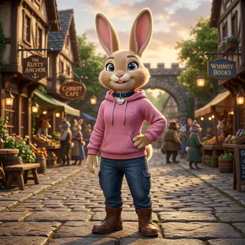 Tan Fur Blue-Eyed Bunny Character in Pink Hoodie Design