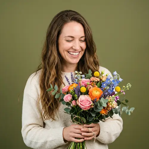 Joyful Woman with Bouquet - Professional Photography