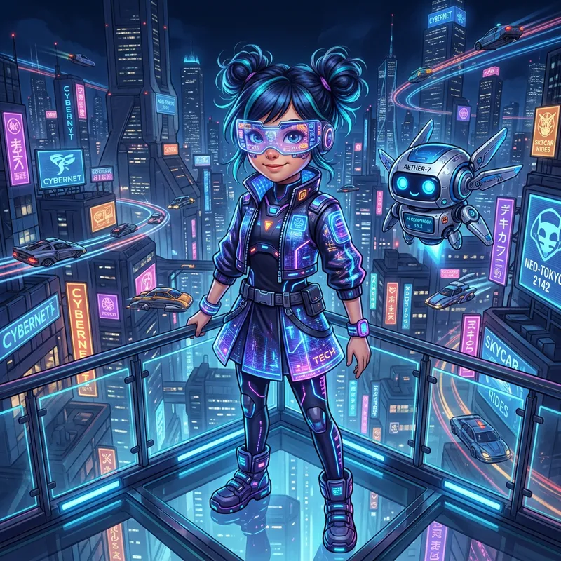 Futuristic Young Girl with Hi-Tech Visor and Robotic Companion