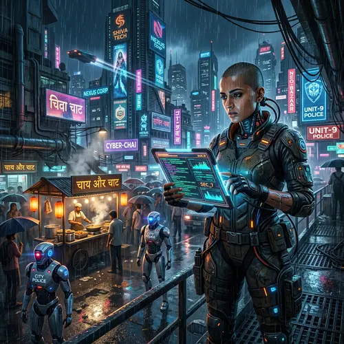 Cyberpunk Cityscape: South Asian Hacker in High-Tech Setting