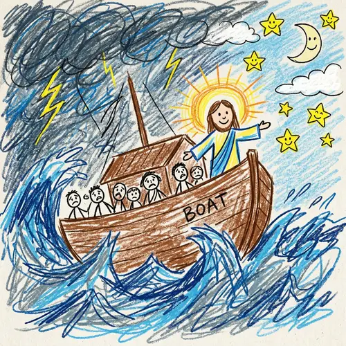 Jesus Calms the Storm: Innocent Crayon Drawing by 3-Year-Old