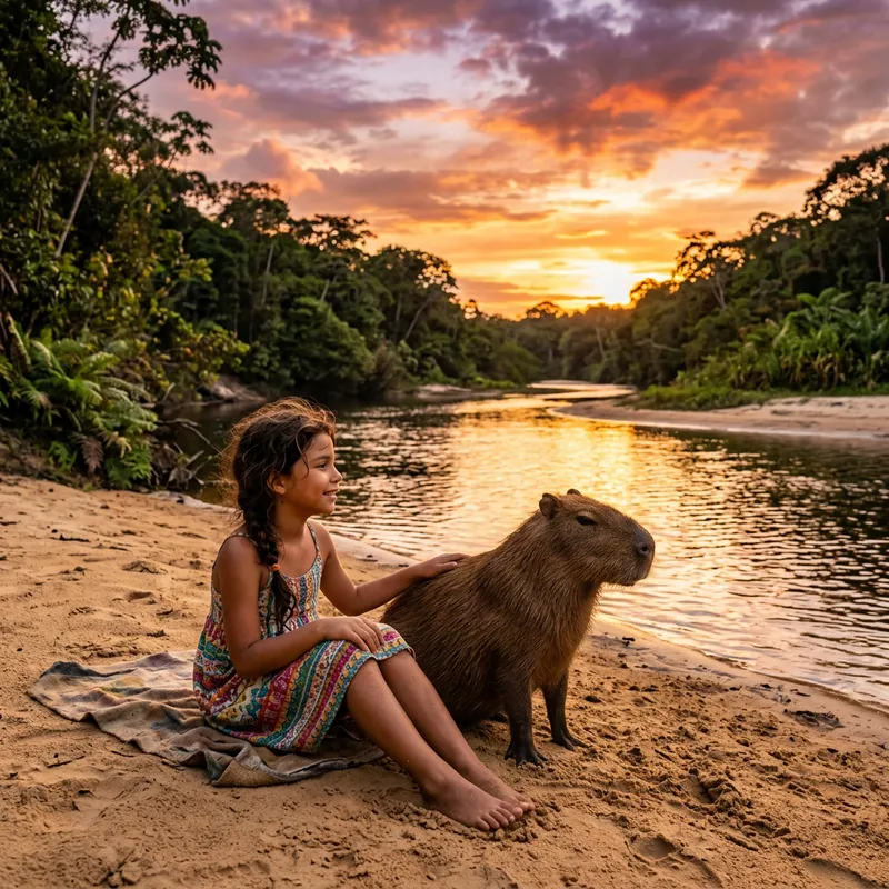 9-Year-Old Hispanic Girl and Capybara Watching Sunset by River in Lush Forest