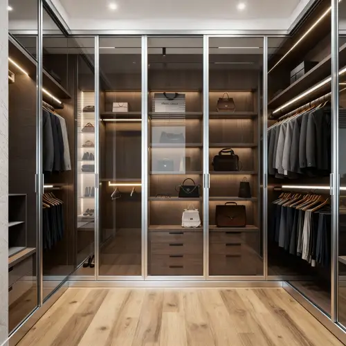 Stylish Walk-In Closet with Glass & Aluminum Doors