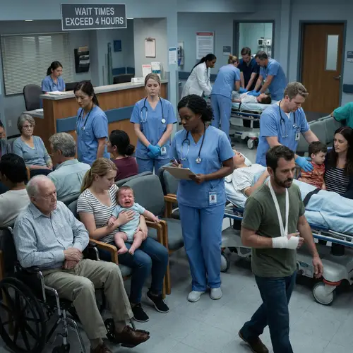 Distressed Hospital ER Scene with Multicultural Patients and Healthcare Workers
