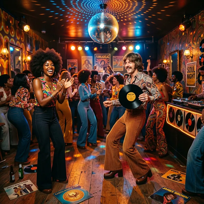 Funky Fresh 1970s Dance Floor with Colorful Mirror Balls
