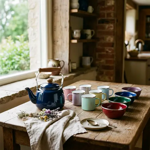 Elegant Enamel Decor: Teapots, Cups & Bowls Collection