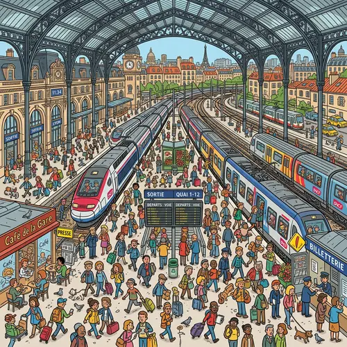 Vibrant Cartoon Train Station Crowd Scene