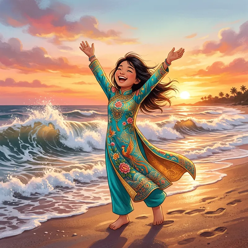 Vibrant Gradient Ao Dai Dress on Beach at Beautiful Sunset
