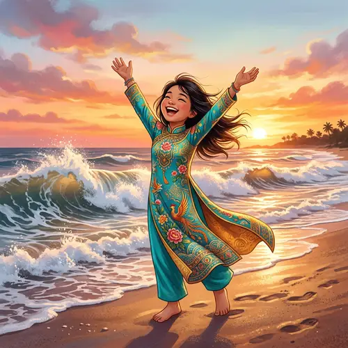 Vietnamese Girl in Vibrant Ao Dai Dress on Beach at Sunset