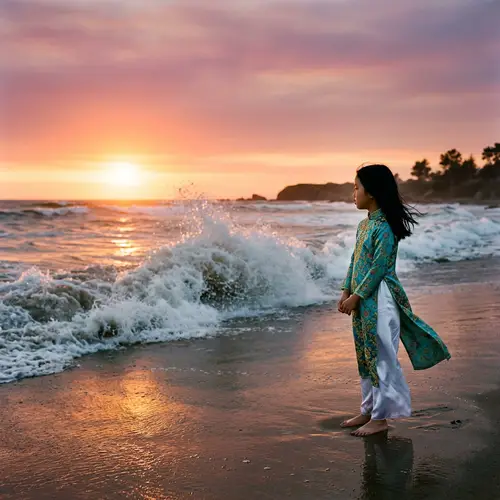 Young Vietnamese Girl on Beach at Sunset in Turquoise Ao Dai Dress