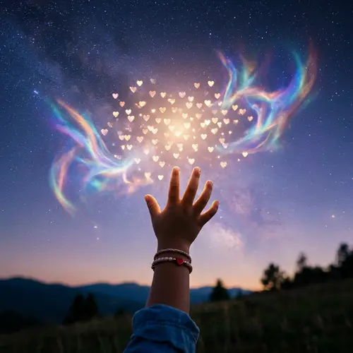 Child's Hand Reaching Hearts of Light in Heaven