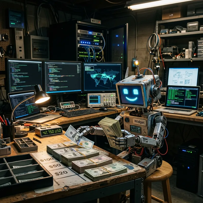 Charming LCD Robot Counting Currency in Dimly-lit Basement Charming LCD Robot Counting Currency in Dimly-lit Basement