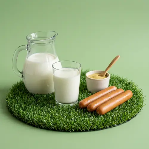 Realistic Milk and Sausages on Grass - Quality Photo