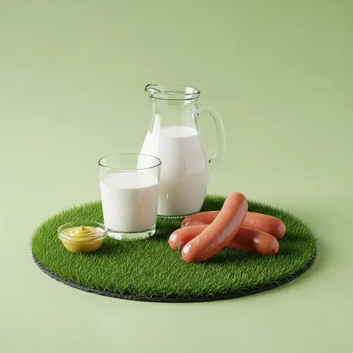 Realistic Milk and Sausages on Grass - Quality Photo